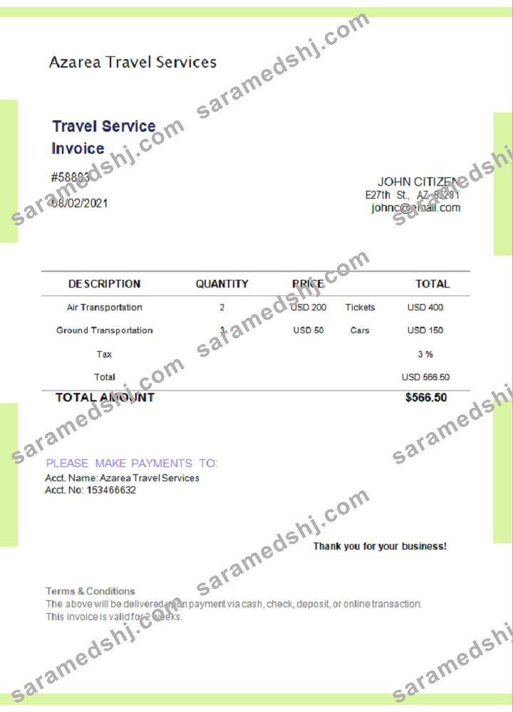 USA Azarea Travel Services invoice
